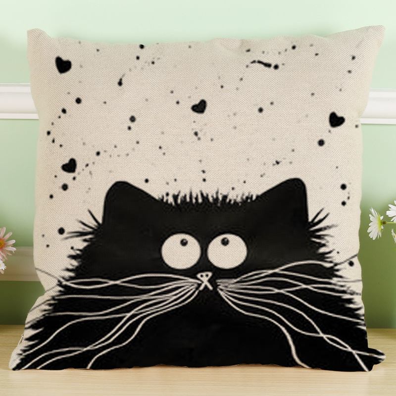 Black And White Cat Pattern Print Cotton Linen Cushion Cover, Cute Pattern Cushion Cover /