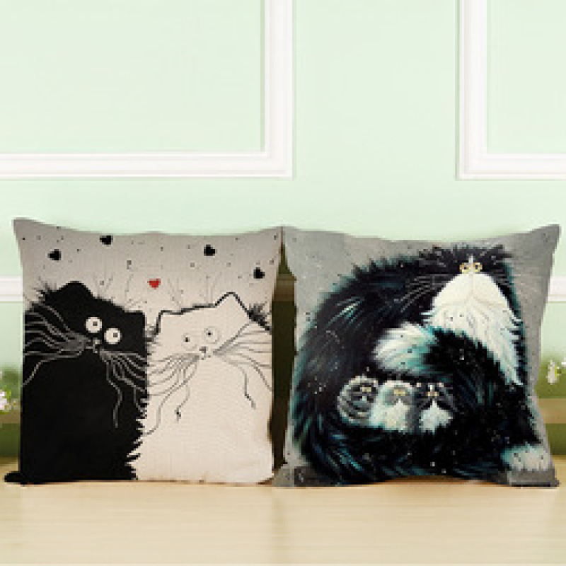 Black And White Cat Pattern Print Cotton Linen Cushion Cover, Cute Pattern Cushion Cover /