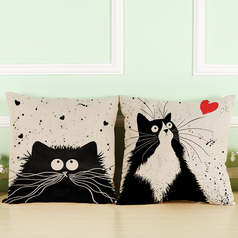 Black And White Cat Pattern Print Cotton Linen Cushion Cover, Cute Pattern Cushion Cover /