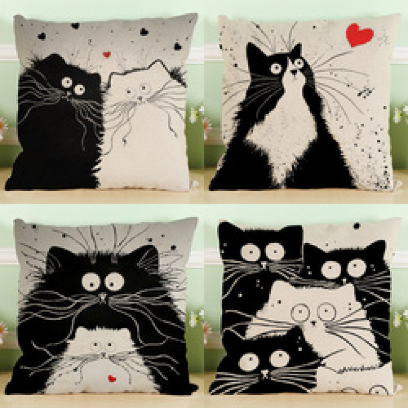 Black And White Cat Pattern Print Cotton Linen Cushion Cover, Cute Pattern Cushion Cover /