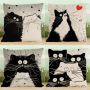 Black And White Cat Pattern Print Cotton Linen Cushion Cover, Cute Pattern Cushion Cover /
