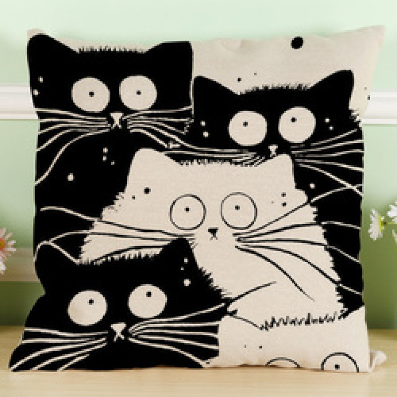 Black And White Cat Pattern Print Cotton Linen Cushion Cover, Cute Pattern Cushion Cover /
