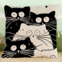 Black And White Cat Pattern Print Cotton Linen Cushion Cover, Cute Pattern Cushion Cover /