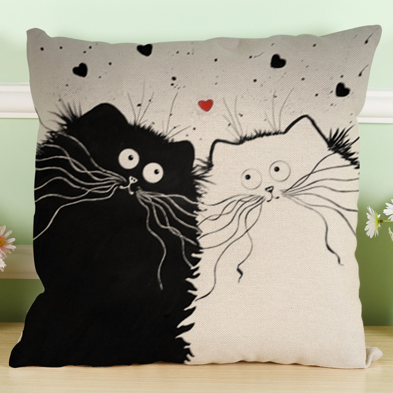 Black And White Cat Pattern Print Cotton Linen Cushion Cover, Cute Pattern Cushion Cover /
