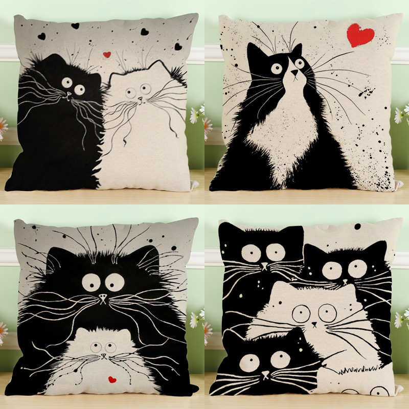 Black And White Cat Pattern Print Cotton Linen Cushion Cover, Cute Pattern Cushion Cover /
