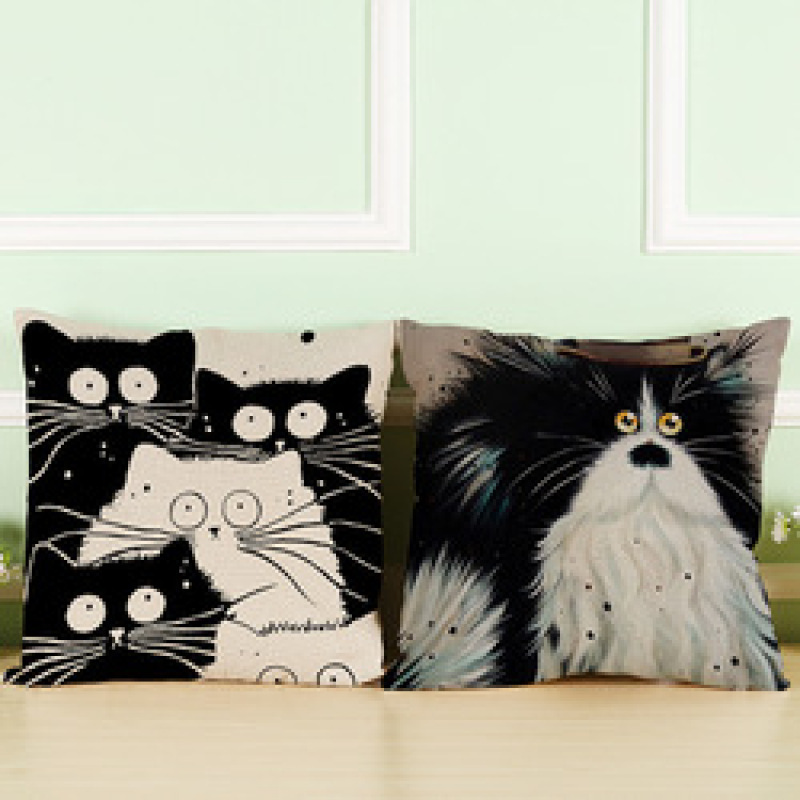 Black And White Cat Pattern Print Cotton Linen Cushion Cover, Cute Pattern Cushion Cover /