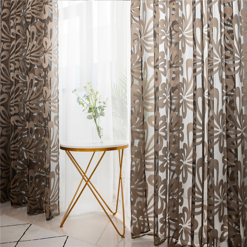 1m start wholesale punching burgundy flower glass yarn Polyester Embroidery Translucent sheer tulle curtains for living room