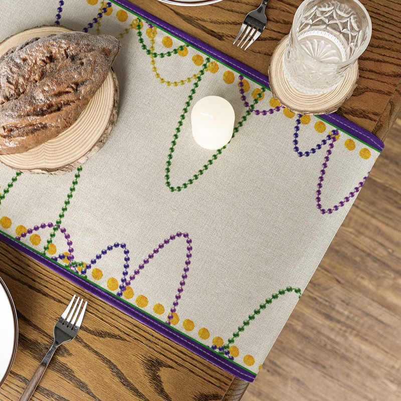 Beads Happy Mardi Gras Carnival Table Runner, Seasonal Holiday Kitchen Dining Table Decoration for Indoor Outdoor Home#