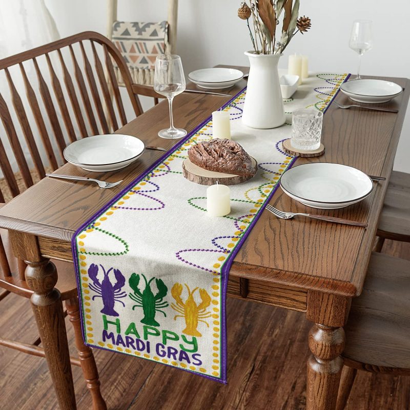 Beads Happy Mardi Gras Carnival Table Runner, Seasonal Holiday Kitchen Dining Table Decoration for Indoor Outdoor Home#