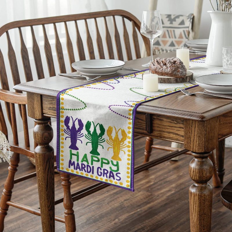 Beads Happy Mardi Gras Carnival Table Runner, Seasonal Holiday Kitchen Dining Table Decoration for Indoor Outdoor Home#