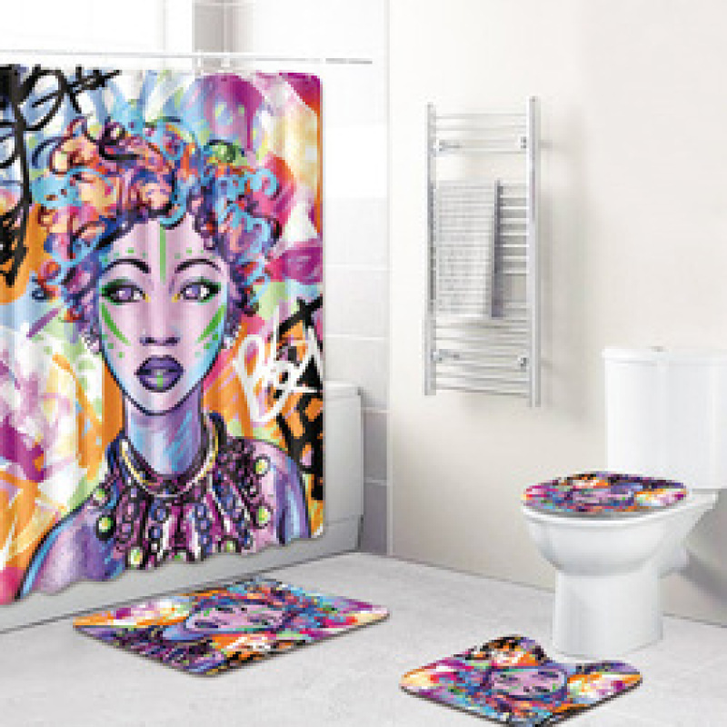 3D African Girls Shower Curtain Bath Mat Toilet Pad Set Non-slip Toilet Bathroom Decor Carpet Waterproof Shower Curtain Set