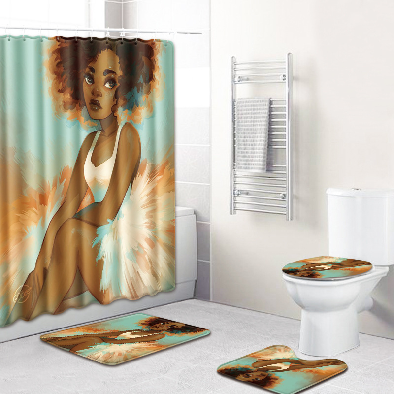 3D African Girls Shower Curtain Bath Mat Toilet Pad Set Non-slip Toilet Bathroom Decor Carpet Waterproof Shower Curtain Set