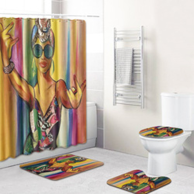 3D African Girls Shower Curtain Bath Mat Toilet Pad Set Non-slip Toilet Bathroom Decor Carpet Waterproof Shower Curtain Set