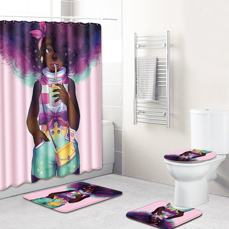 3D African Girls Shower Curtain Bath Mat Toilet Pad Set Non-slip Toilet Bathroom Decor Carpet Waterproof Shower Curtain Set