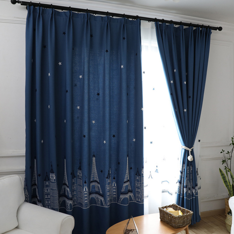 Velour Linen Curtain Fabric Decoration, Best Selling Products Embroidery Navy Blue Room Darkening Curtains