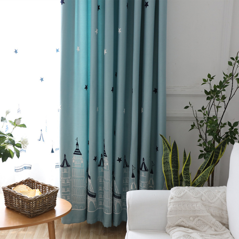 Velour Linen Curtain Fabric Decoration, Best Selling Products Embroidery Navy Blue Room Darkening Curtains