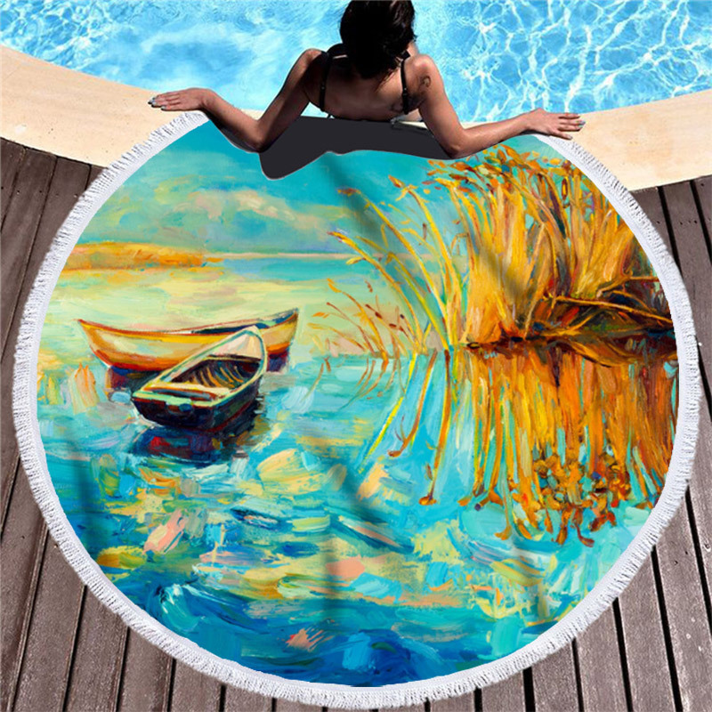 Custom Microfiber Beach Towel Cleaning Cloth, Round Oil Painting Oversized Tassel Beach Towel#
