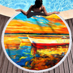 Custom Microfiber Beach Towel Cleaning Cloth, Round Oil Painting Oversized Tassel Beach Towel#