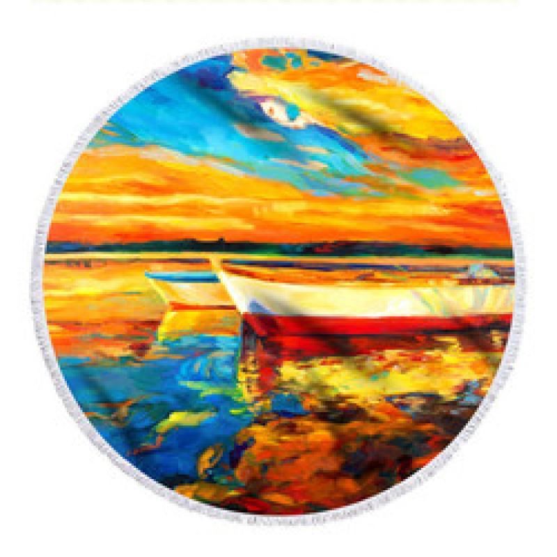 Custom Microfiber Beach Towel Cleaning Cloth, Round Oil Painting Oversized Tassel Beach Towel#