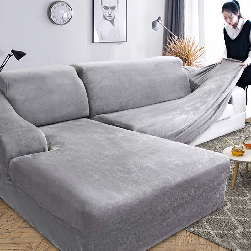 Solid Color Corner Sofa Covers For Living Room Elastic Velvet Slipcovers Couch Cover Stretch Sofa Towel 1/2/3/4 Seater