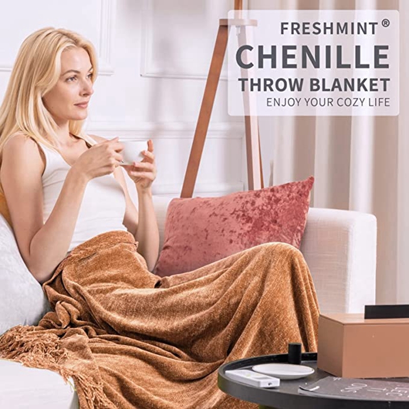 Tassel Fringe Throw Blanket Velvety Texture Decorative Throw for Sofa Couch Bed Soft Silky Cozy Lightweight/