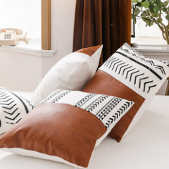 Real leather imitation square Pillowcase 100%Cotton Fabric And Leather Splice Pillow Covers New Styles