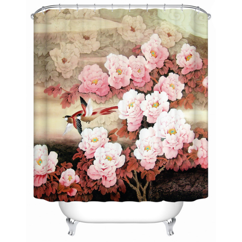 Printed Polyester Waterproof Flower Shower Curtain, Gouache Pink Rose Flower Beautiful Shower Curtain/