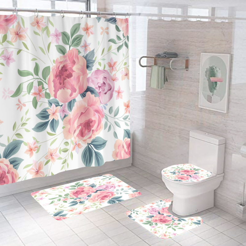 Four piece Polyester Bathroom Flower  3d printed custom shower curtain Shower Curtain Set
