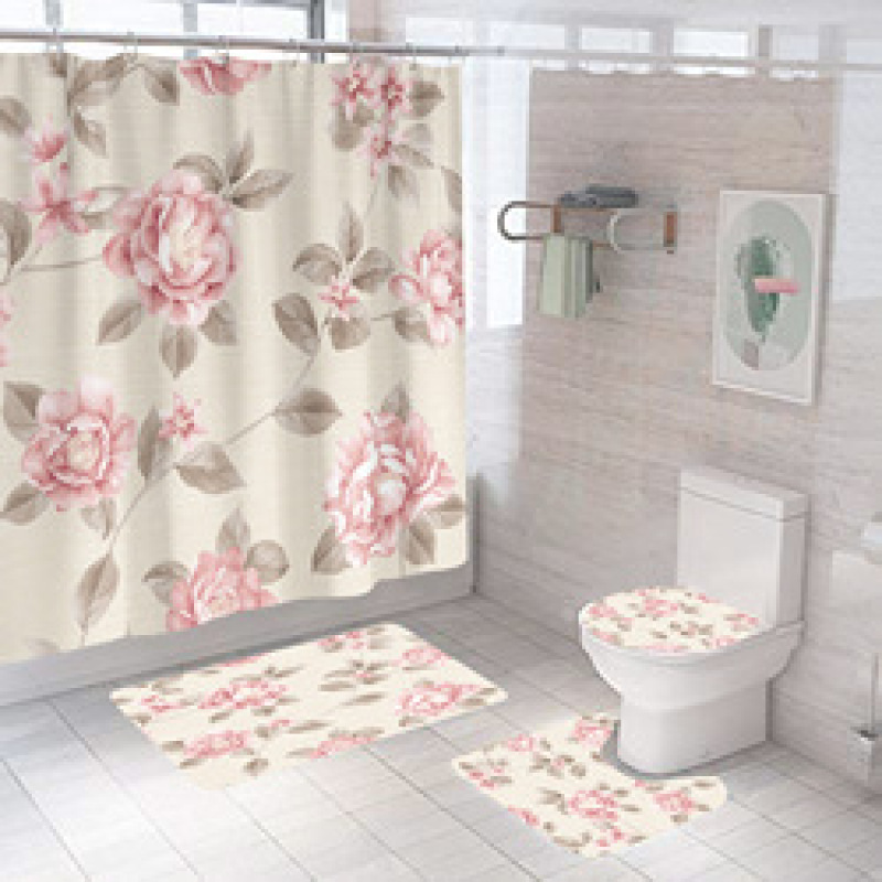 Four piece Polyester Bathroom Flower  3d printed custom shower curtain Shower Curtain Set