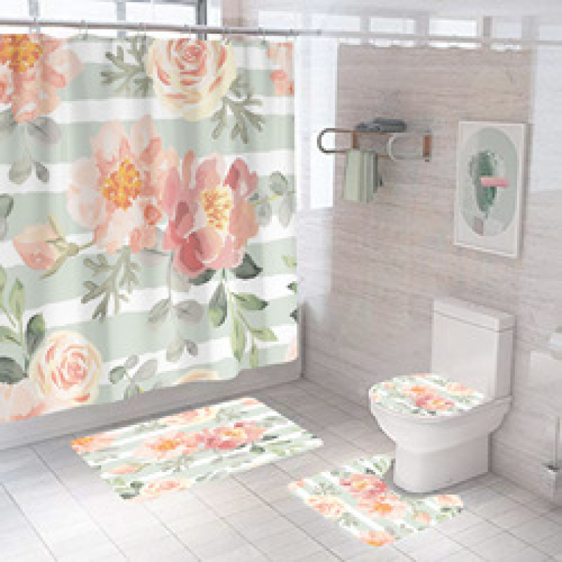 Four piece Polyester Bathroom Flower  3d printed custom shower curtain Shower Curtain Set