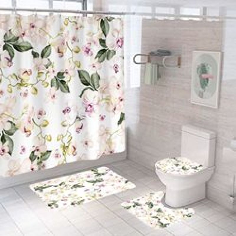 Four piece Polyester Bathroom Flower  3d printed custom shower curtain Shower Curtain Set