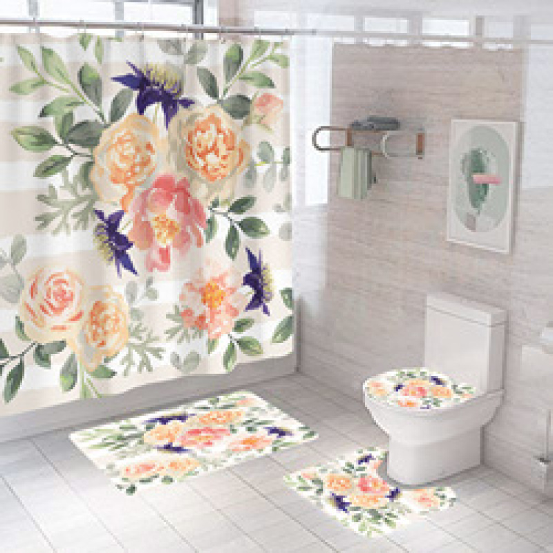 Four piece Polyester Bathroom Flower  3d printed custom shower curtain Shower Curtain Set