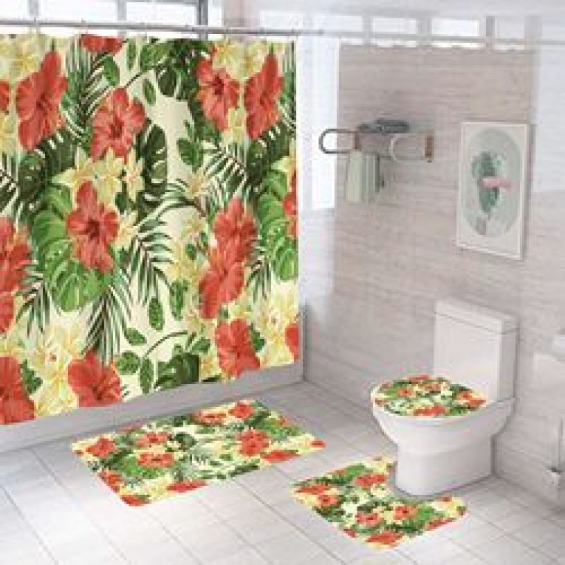 Four piece Polyester Bathroom Flower  3d printed custom shower curtain Shower Curtain Set