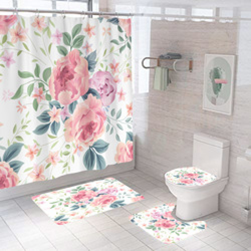 Four piece Polyester Bathroom Flower  3d printed custom shower curtain Shower Curtain Set