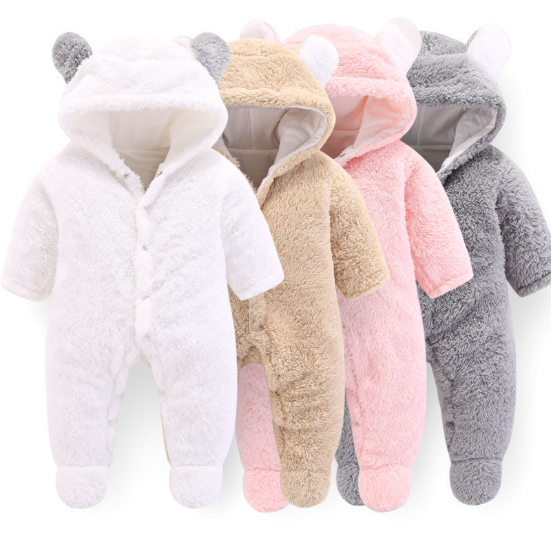 Cotton Fleece Cute Unisex Hooded  Romper Jumpsuit Winter Clothes, Newborn Baby Bear Warm Snowsuit