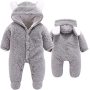 Cotton Fleece Cute Unisex Hooded  Romper Jumpsuit Winter Clothes, Newborn Baby Bear Warm Snowsuit