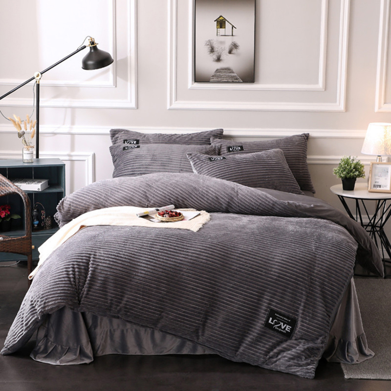 Fluff Bedding Comforter Set, Urban Strip Series Keep Warm Coral Fleece Bedding Sets/