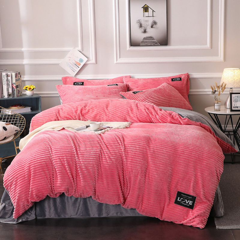 Fluff Bedding Comforter Set, Urban Strip Series Keep Warm Coral Fleece Bedding Sets/