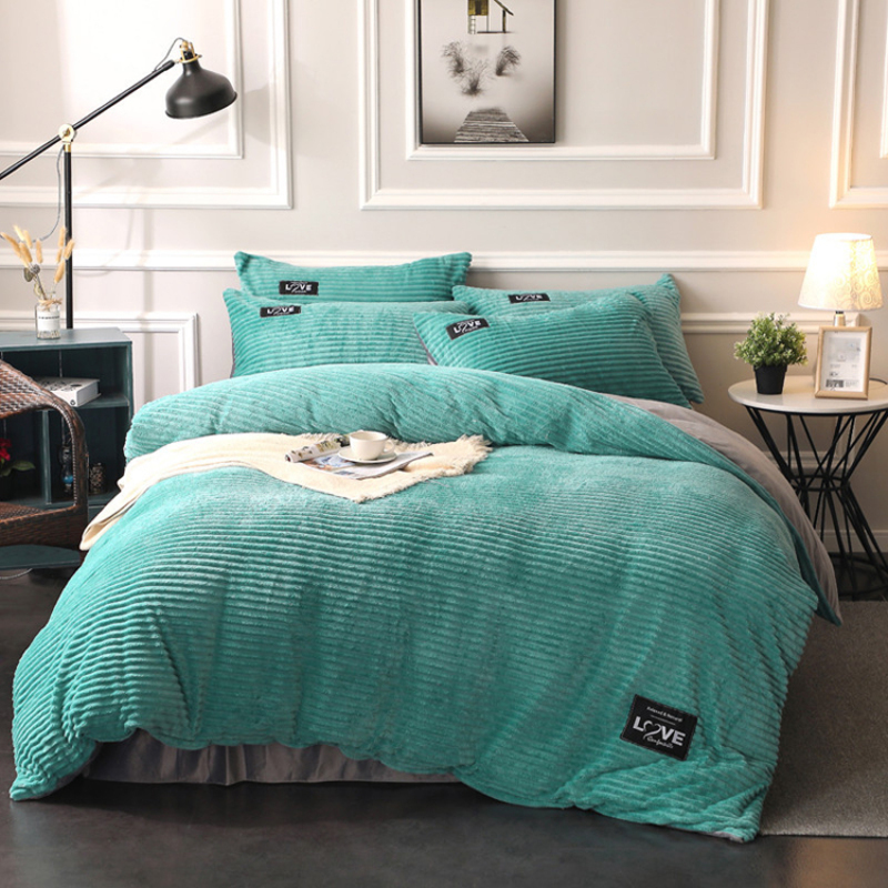 Fluff Bedding Comforter Set, Urban Strip Series Keep Warm Coral Fleece Bedding Sets/