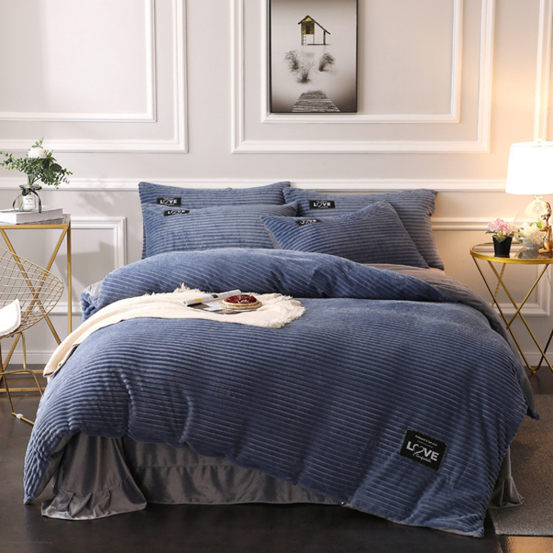 Fluff Bedding Comforter Set, Urban Strip Series Keep Warm Coral Fleece Bedding Sets/