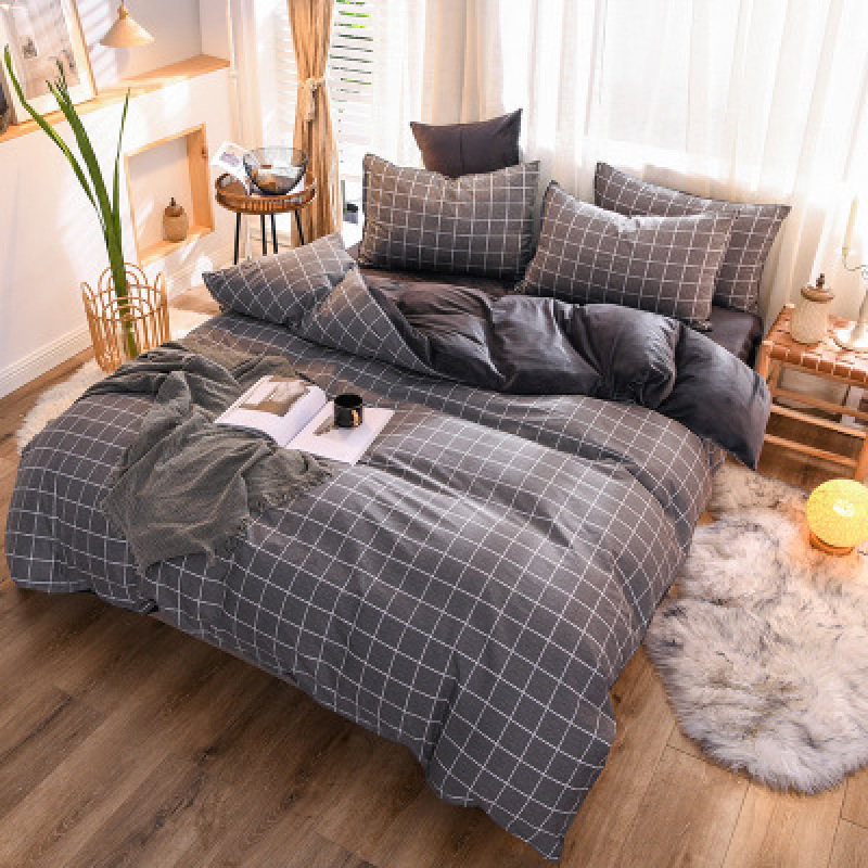Four-Piece Cotton Flannel Set With Gray Bottom Orange Pattern, Four-Piece Crystal Flannel Bed On Simple Bed /