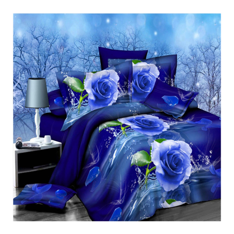 Cheap Bed Sheet Set, Blue Rose Cover Bed Bedding Set/Bed Sheets Comforter Set