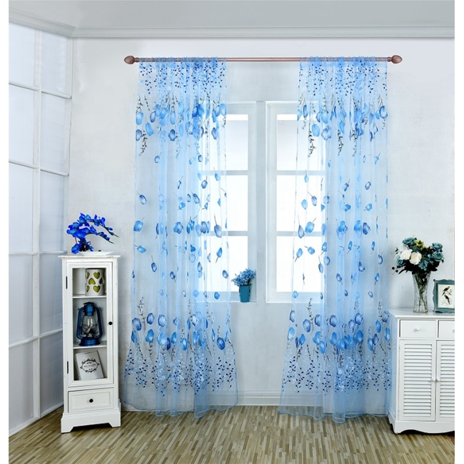 Custom Printed Fabric Sheer Blue Voile Print Curtain Ganchos Para Cortinas
