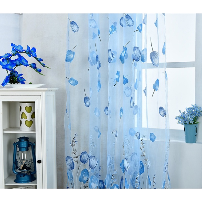 Custom Printed Fabric Sheer Blue Voile Print Curtain Ganchos Para Cortinas