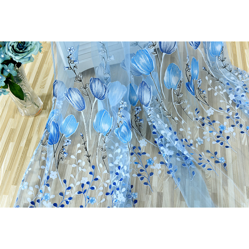Custom Printed Fabric Sheer Blue Voile Print Curtain Ganchos Para Cortinas
