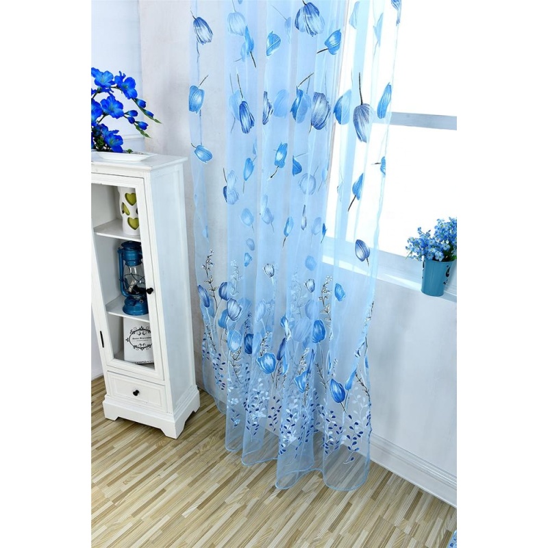 Custom Printed Fabric Sheer Blue Voile Print Curtain Ganchos Para Cortinas