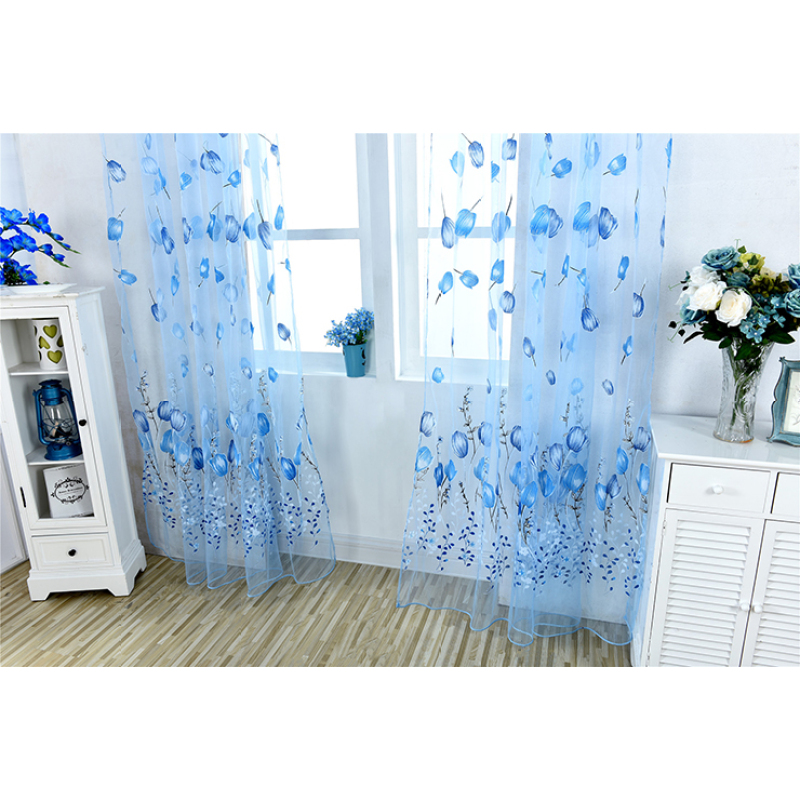 Custom Printed Fabric Sheer Blue Voile Print Curtain Ganchos Para Cortinas