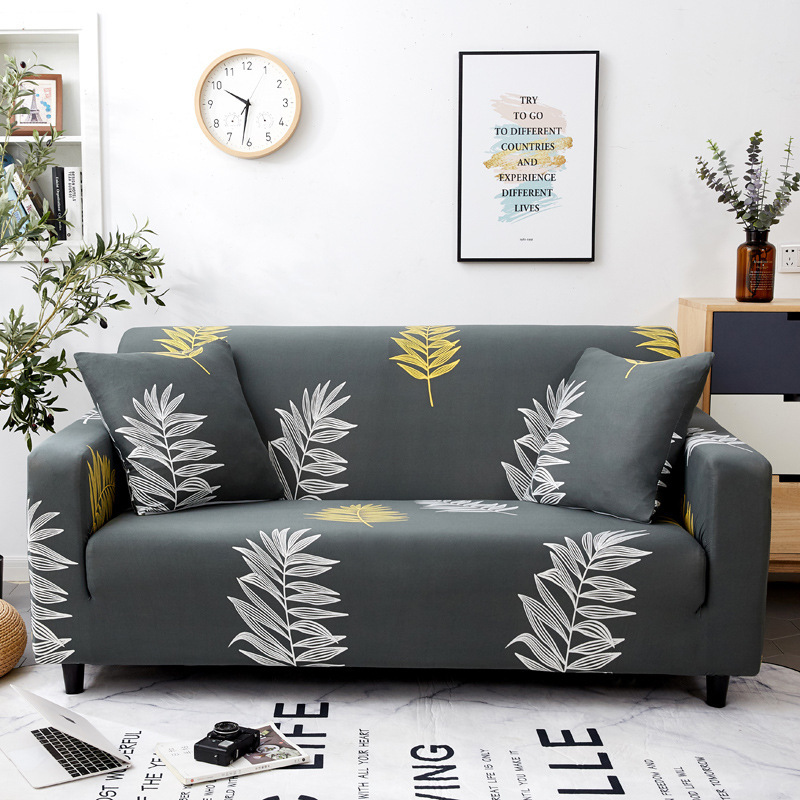 Hot Selling Plant Feather Pattern Elastic Stretch Fabrics For Seat Sofa Covers, Ready Made Stylish Polyester Sofa Cover /
