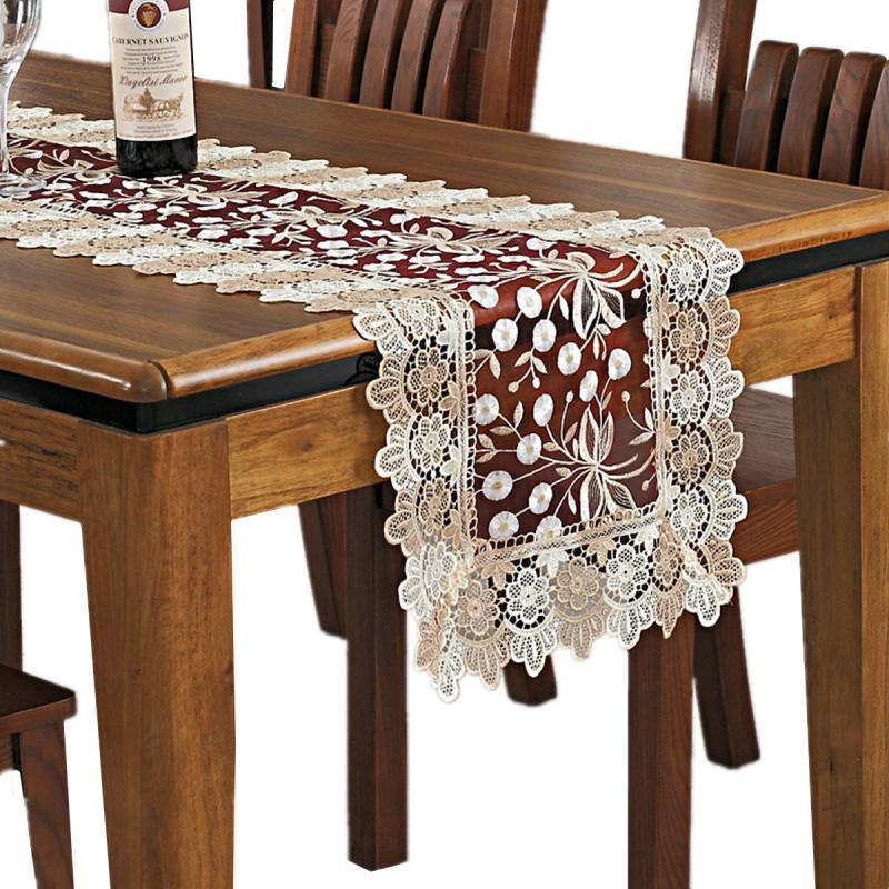 Wholesale Floral Pattern Embroidered Lace Polyester Rectangle burlap terracotta table runner with lace for Home Dining Room