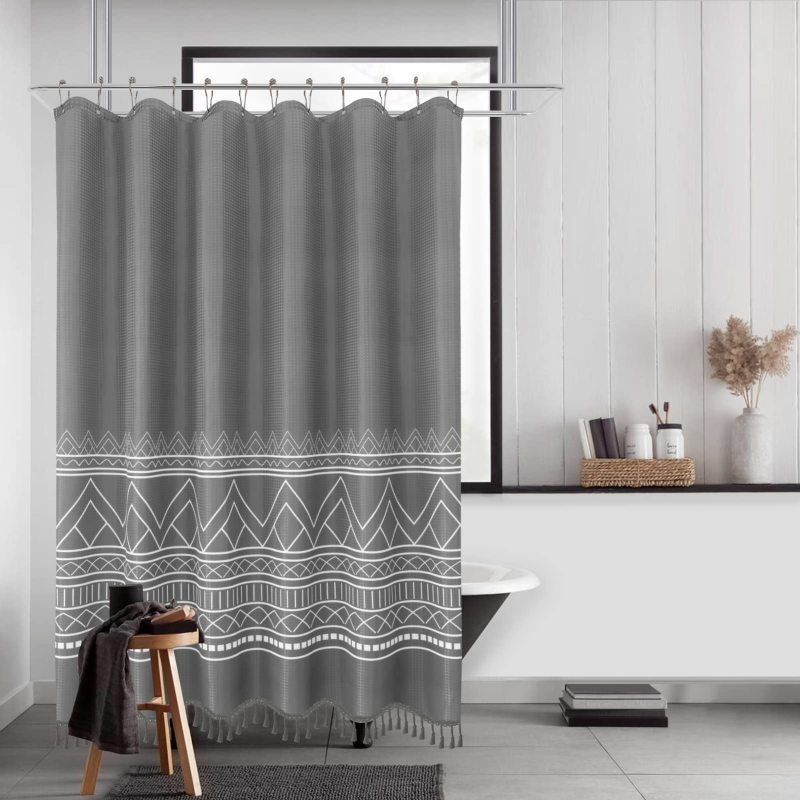 Custom DIY Print Tassel Shower Curtain, Bathroom Waffle Curtain Waterproof Curtains with Hooks$